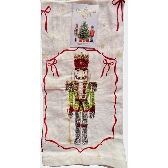 CHRISTMAS NUTCRACKER Dish Kitchen Towel S/2 Embroidered BEADED Green Jacket GIFT - Picture 6 of 10